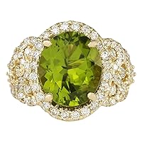 8.02 Carat Natural Green Peridot and Diamond (F-G Color, VS1-VS2 Clarity) 14K Yellow Gold Luxury Cocktail Ring for Women Exclusively Handcrafted in USA