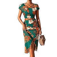 WDIRARA Women's Floral Print Ruched Split Hem Round Neck Short Sleeve Midi Dress