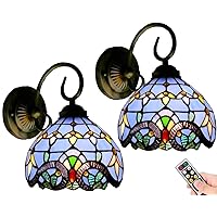 Tiffany Rechargeable Wall Sconces Set of Two,Indoor Remote Led Dimmable Blue Wall Lights Battery Operated Wall Sconce Light Fixture Antique Wall Lamp for Bedroom Living Room Bathroom Hallway
