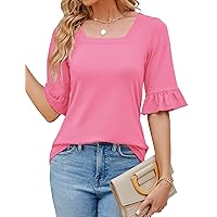 Womens 3/4 Sleeve Shirts Summer Square Neck Bell Sleeve Tops Business Casual Loose Tunic Work Dressy Blouses