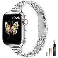 MioHHR Slim Metal Band Compatible with Apple Watch Band 41mm 40mm 38,mm,Dressy Stainless Steel Chain Strap for Women iWatch Bands Series 9 8 7 6 5 4 3 2 1 SE,Silver
