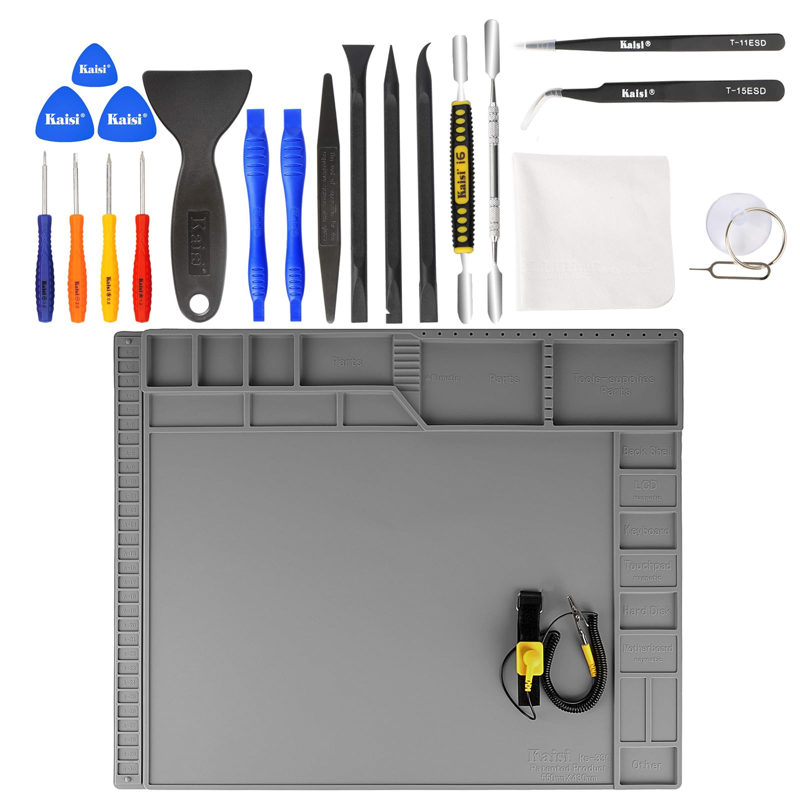 Kaisi Professional Electronics Opening Pry Tool Repair Kit +K330 ILarge Repair Work Mat,Silicone Soldering Mat Nylon Spudgers and Anti-Static Tweezers for Cellphone iPhone Laptops Tablets and More