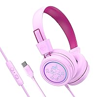 MEE audio KidJamz KJ55 Safe Listening USB-C Headphones for Children with Multicolor LED Lights, Volume Limiter, & Microphone; On-Ear Wired Kids Headset for iPhone 15, iPad, & USB Type C Devices (Pink)