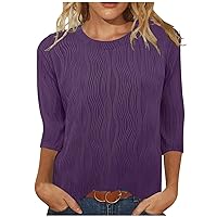 3/4 Sleeve Tops for Women 2024 Summer Shirts Round Neck Textured Tshirts Solid Trendy Tees Stretchy Basic T Shirts
