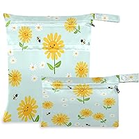 visesunny Sunflower Bee Daisy Green Leaf 2Pcs Wet Bag with Zippered Pockets Washable Reusable Roomy for Travel,Beach,Pool,Daycare,Stroller,Diapers,Dirty Gym Clothes, Wet Swimsuits, Toiletries