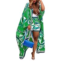 DINGANG Women's 2 Piece Casual Long Kimono Outfit Sets, Printed Cardigan Cover Up High Waisted Mini Shorts for Beach