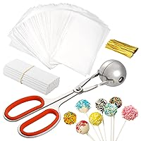Lollipop Cake Pop Treat Bag Set, Meat Baller with Handles + 100 Parcel Bags + 100 Papery Treat Sticks + 100 Metallic Twist Ties, Cake Pops Making Tools for Candies, Chocolates and Cookies