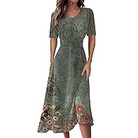 Summer Dresses for Women 2024 Floral Print V-Neck Short Sleeve Waist Long Swing Dress