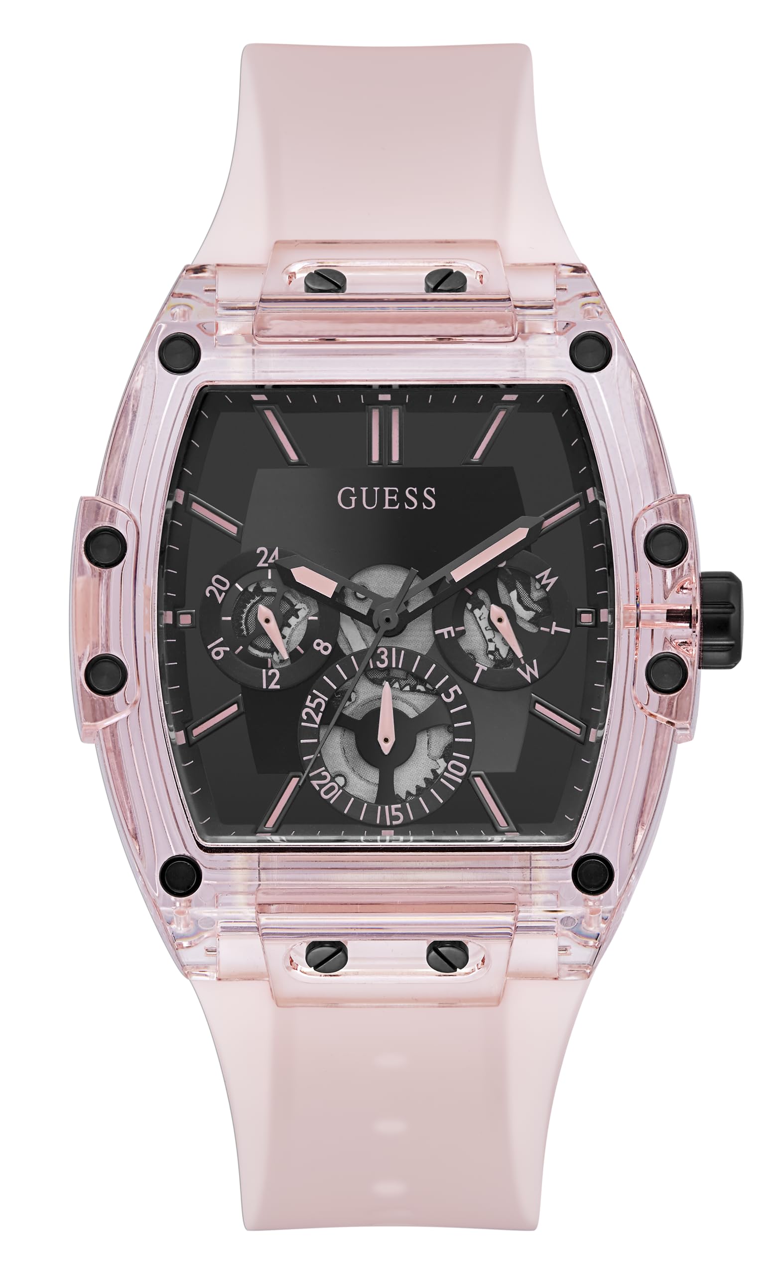 GUESS Men's 43mm Watch - Pink Strap Black Dial Pink Case
