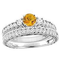 Sabrina Silver 14K White Gold Diamond Natural Citrine Engagement 2-pc Ring Set Engraved Round 6 mm, Sizes 5-10