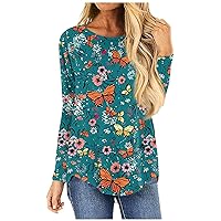 Womens Long Sleeve Shirts Trendy Feather Print Loose Fit Fall Tops Clothes Outfits 2023 Tunics Tee Crew Neck Blouse