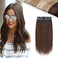 Hairro Clip in Mini Real Human Hairpiece for Men and Women Adding Hair Volume Seamless 10” Long #4 Medium Brown Straight Clip in Small Wiglet Hair Filler Extensions for Thinning Hair and Bald Areas