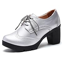 DADAWEN Women's Leather Classic Lace Up Platform Chunky Mid-Heel Square Toe Oxfords Dress Pump Shoes