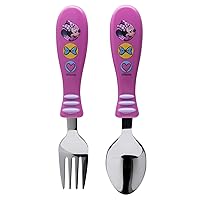 Zak Designs Minnie Easy Grip Flatware Fork And Spoon Utensil Set – Stainless Steel, Plastic, Perfect for Toddler Hands With Fun Characters, Contoured Handles And Textured Grips, Minnie Bowtique