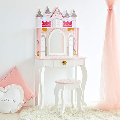 Teamson Kids Pretend Play Kids Vanity Table and Chair Vanity Set with Mirror Makeup Dressing Table with Drawer Castle Play Set with Accessories for Girls Dreamland Castle Play Vanity Set White Pink