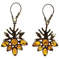 BALTIC AMBER AND STERLING SILVER 925 DESIGNER COGNAC WINTER LEAF EARRINGS JEWELLERY JEWELRY