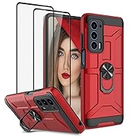 Jeylly for Motorola Moto Edge (2021) Case, Moto Edge 5G UW Case with [2 X Tempered Glass Screen Protector], Heavy Duty Shockproof Protective Case with Magnetic Ring Kickstand Phone Cover, Red