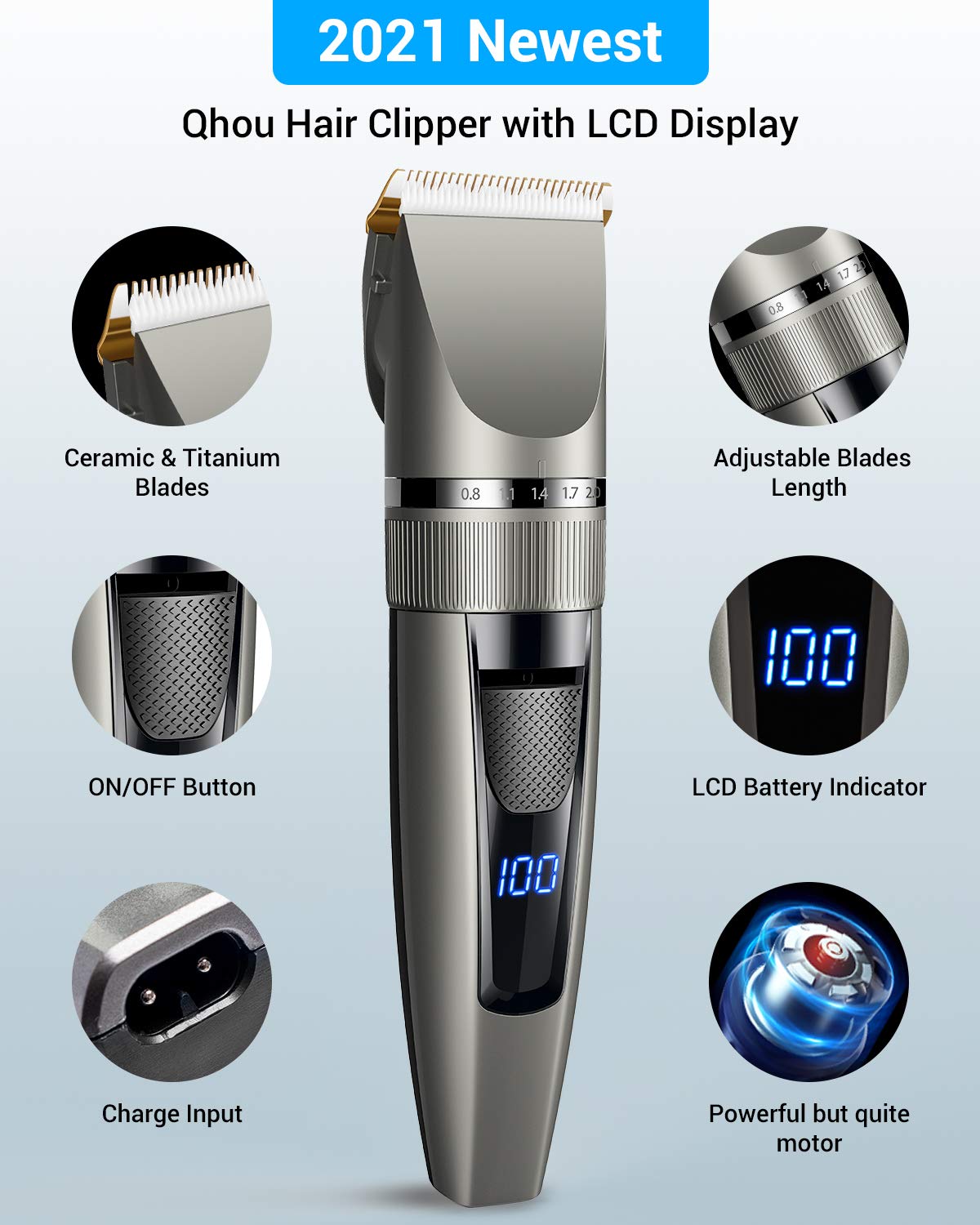 2022 Newest Hair Clippers, Qhou Professional Hair Trimmer for Men, Corded/Cordless USB Rechargeable Clippers Set Electric Barber Home Hair Cutting Kit Beard Trimmer for Men with Combs and Cape- Gray