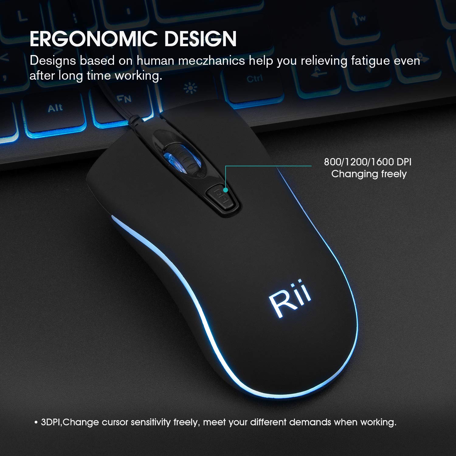 Rii Three Colors Backlit Business Keyboard,Gaming Keyboard and Mouse Combo,USB Wired Keyboard,RGB Optical Mouse for Gaming,Business Office
