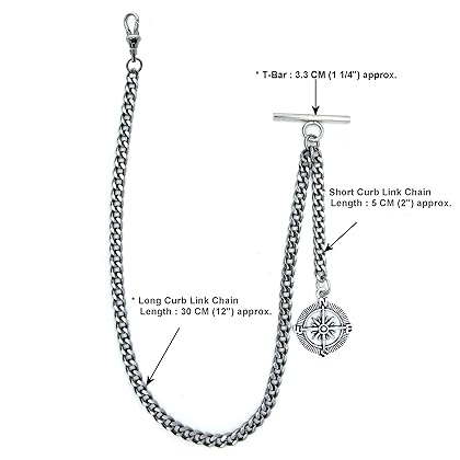 watchvshop Albert Chain Silver Tone Pocket Watch Chain Vest Chain for Men Compass Design Charm Fob T Bar with Swivel Clasp AC55A