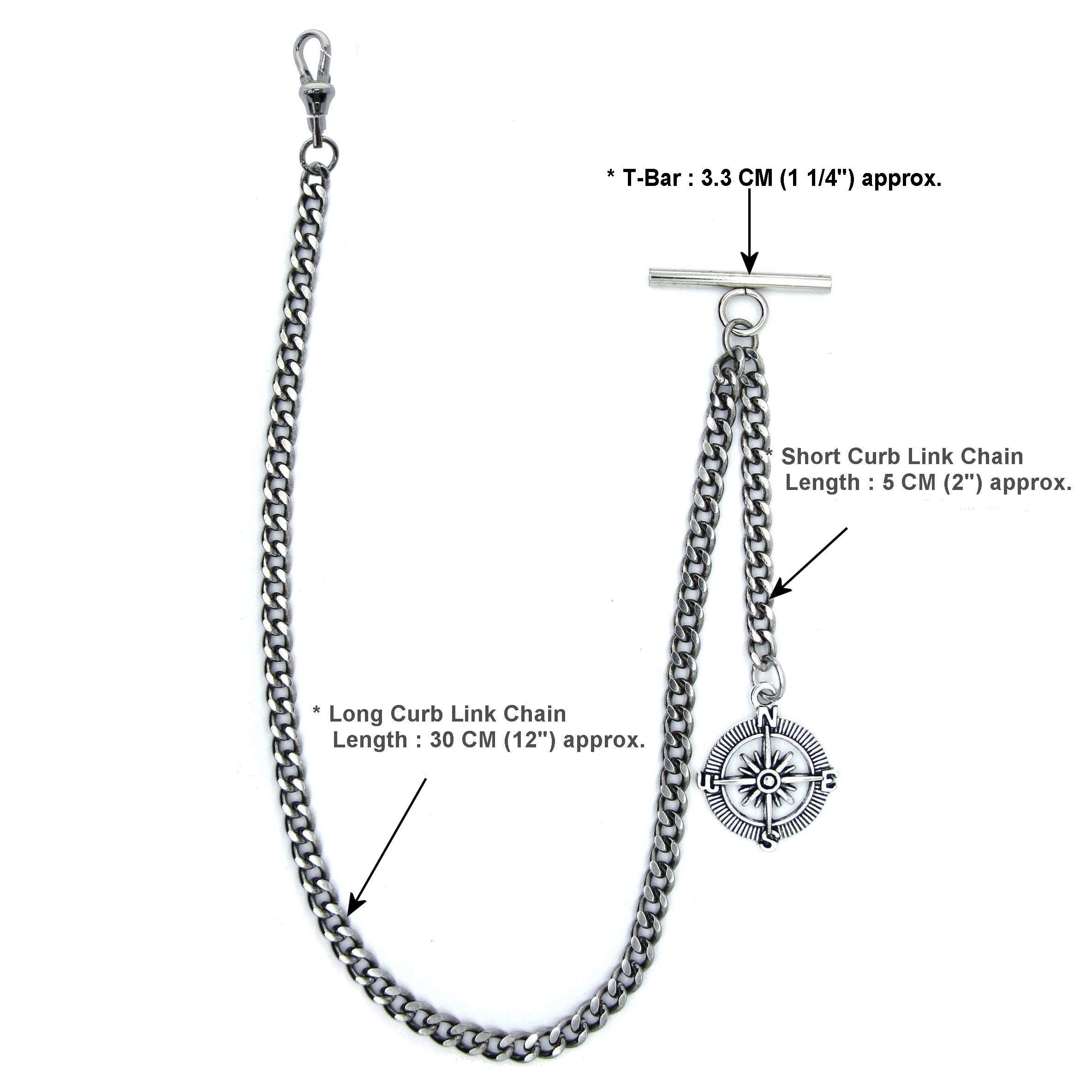 watchvshop Albert Chain Silver Tone Pocket Watch Chain Vest Chain for Men Compass Design Charm Fob T Bar with Swivel Clasp AC55A