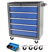 Rolling Tool Box 5 Drawers Tool Chest with Wheels and Drawers,Tool Cart On Wheels with Tool Box Organizer Tray Divider Set,Tool Storage Cabinet for Workshop Garage Mechanics,Blue+Grey
