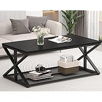 Black Coffee Table with storage, Modern Wood Metal Rectangle Living Room Table, Industrial Middle Center Table with Mesh Shelf, Contemporary Cocktail Tea Table for Kitchen Bedroom, Black Oak,47 in
