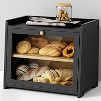 Black Bread Box for Kitchen Countertop, Large Bread Storage Container for Homemade Bread, Wood Farmhouse Breadbox Organizer for Kitchen Counter Corner, Cabinet, Pantry, Cupboard (Black)