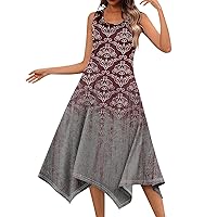 Womens Sundresses Casual Vintage Dress for Women 2024 Floral Print Casual Flowy Elegant Slim Fit with Sleeveless Round Neck Swing Dresses Deep Red Medium