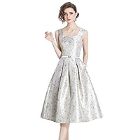 LAI MENG FIVE CATS Women's Vintage Sleeveless Jacquard Cocktail Midi Dress with Belt and Pockets