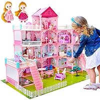 UNIH Doll House Girls Toys,4-Story 11 Rooms Playhouse with 2 Dolls Toy Figures with Light,Accessories, Furniture Pretend Play Gift Toys for 3 4 5 6 7 Year Old Girls
