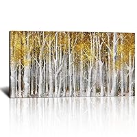 KLVOS Yellow Tree Forest Fall Wall Art for Living Room Golden Birch Landscape Picture Print on Canvas Modern Plants Framed Artwork Decoration for Home Bedroom Decor Ready to Hang 24x48 inch (Yellow)