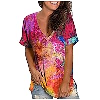 Women's Tie Dye Shirts V Neck Short Sleeve Summer Tops for Teens Girls Trendy Casual Loose Tshirts Cute Flowy Tunics