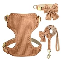Didog Cute Small Dog Harness Collar & Leash Set, Adjustable Dog Collars and Leashes with Bowtie, Breathable Soft Mesh Padded Dog Vest for Puppies Small Dogs & Cats Walking, Brown, S
