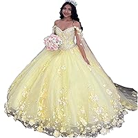 Women's 3D Flowers V Neck Quinceanera Prom Dresses Cape Sleeve Beaded Lace Long Ball Gown