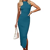 MEROKEETY Women's 2024 Sleeveless Mock Neck Knit Sweater Dress Ribbed Bodycon Slit Tank Maxi Dresses