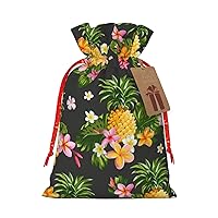WURTON Gift Bag With Drawstring, Tropical Pineapple Hawaiian Canvas Gift Bags, Present Wrap Bags For Christmas, 12 X 8 In