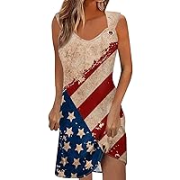 Independece Day Tank Dress for Women Sleeveless V Neck Casual Tshirt Midi Dress Patriotic Print Dresses
