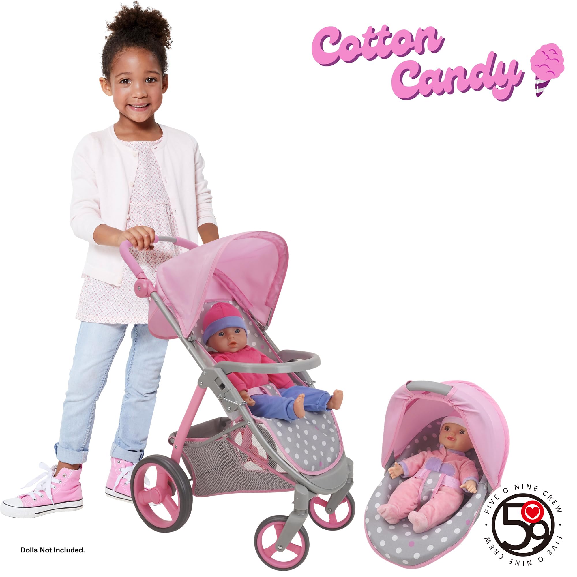 509 Crew: Cotton Candy Pink: Doll Travel System - Pink, Grey, Polka Dot -for Dolls Up to 18