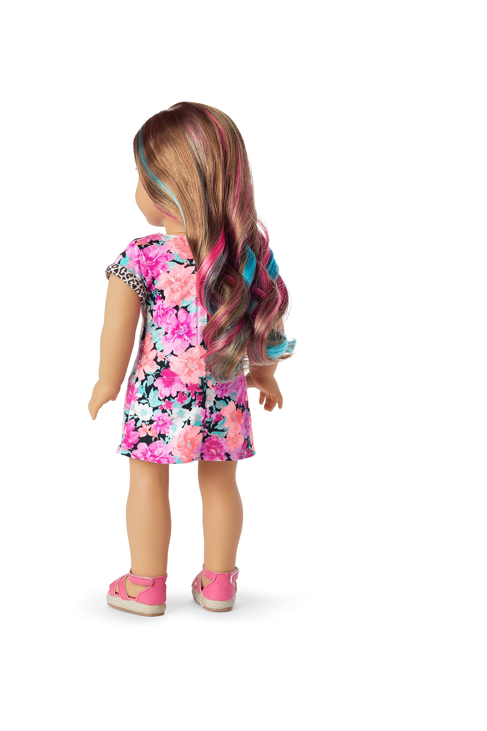 American Girl Truly Me 18-Inch Doll 101 with Gray Eyes, Wavy Caramel Hair with Pink and Blue Highlights, Light-to-Medium Skin with Warm Undertones, Floral Printed T-Shirt Dress
