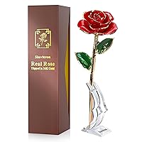 Sinvitron Gold Dipped Rose 24K Real Rose, Long Stem Gold Plated Rose with Stand,Romantic Gifts for her, Birthday Gift for Women, 24K Golden Rose for Anniversary Valentines Mothers Day (Red)
