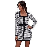 Women's Dresses Button Front Houndstooth Bodycon Dress Dress for Women