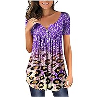 Summer Leopard Henley Short Sleeve Tunic Tops for Women Fashion Casual Flowy Button V Neck Pullover Loose T-Shirts