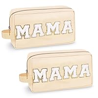 2 Pcs Chenille Letter Makeup Bag Mama Pouch, Nylon Preppy Patch Initial Makeup Bag Small Travel Makeup Zipper Pouch with Handle,Mama Hospital Guffle Bag for Labor and Delivery Toiletry Bag(MAMA-Beige)