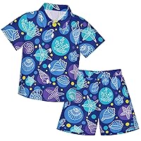 visesunny Toddler Boys 2 Piece Outfit Button Down Shirt and Short Sets Doodle Seashell Coral Starfish Blue Boy Summer Outfits