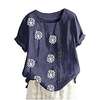 Cotton Linen Tops for Women Short Sleeve Dandelion Graphic Print Square Neck Vintage Blouse Shirts Loose Tunic Tops