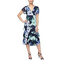 S.L. Fashions Women's Midi Printed Empire Waist Dress with Tiered Skirt, Wedding Guest, Formal Event