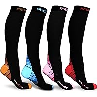 Physix Gear Sport 4 Pairs of Compression Socks for Men & Women in (Black/Orange+ Black/Blue + Black/Pink + Black/Red) S/M Size