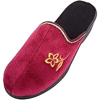 Womens Slip On Heeled Mule Slipper with Constrasting Floral Design