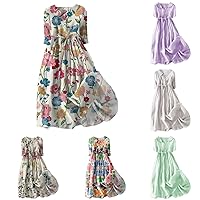 Womens Boho Dresses Floral Cotton Linen Midi Dresses Tie Front Lapel Button Dress Casual Flowy Summer Beach Dress